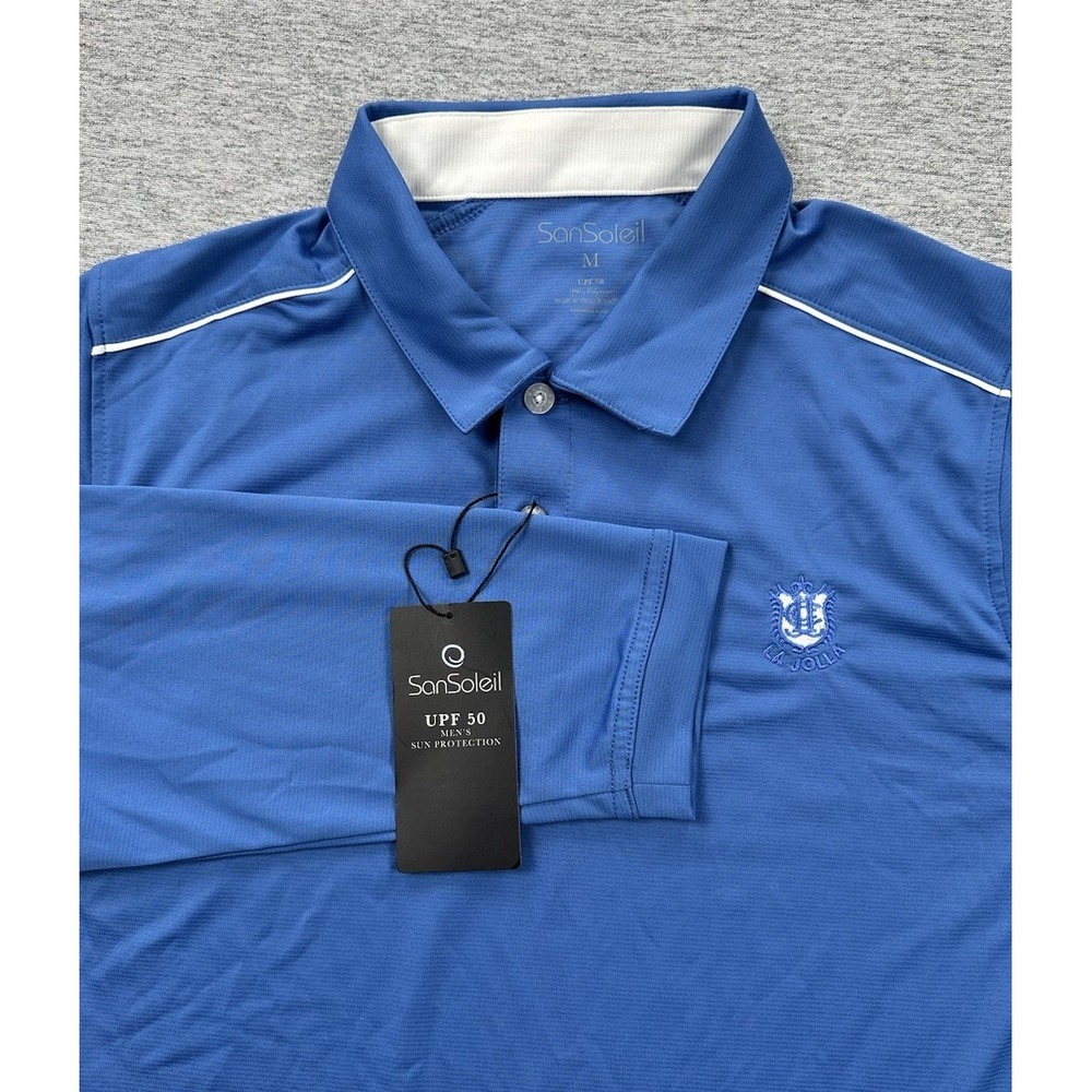 San Soleil Polo Shirt Mens Medium Blue Long Sleeve La Jolla CC Golf UPF 50 NEW